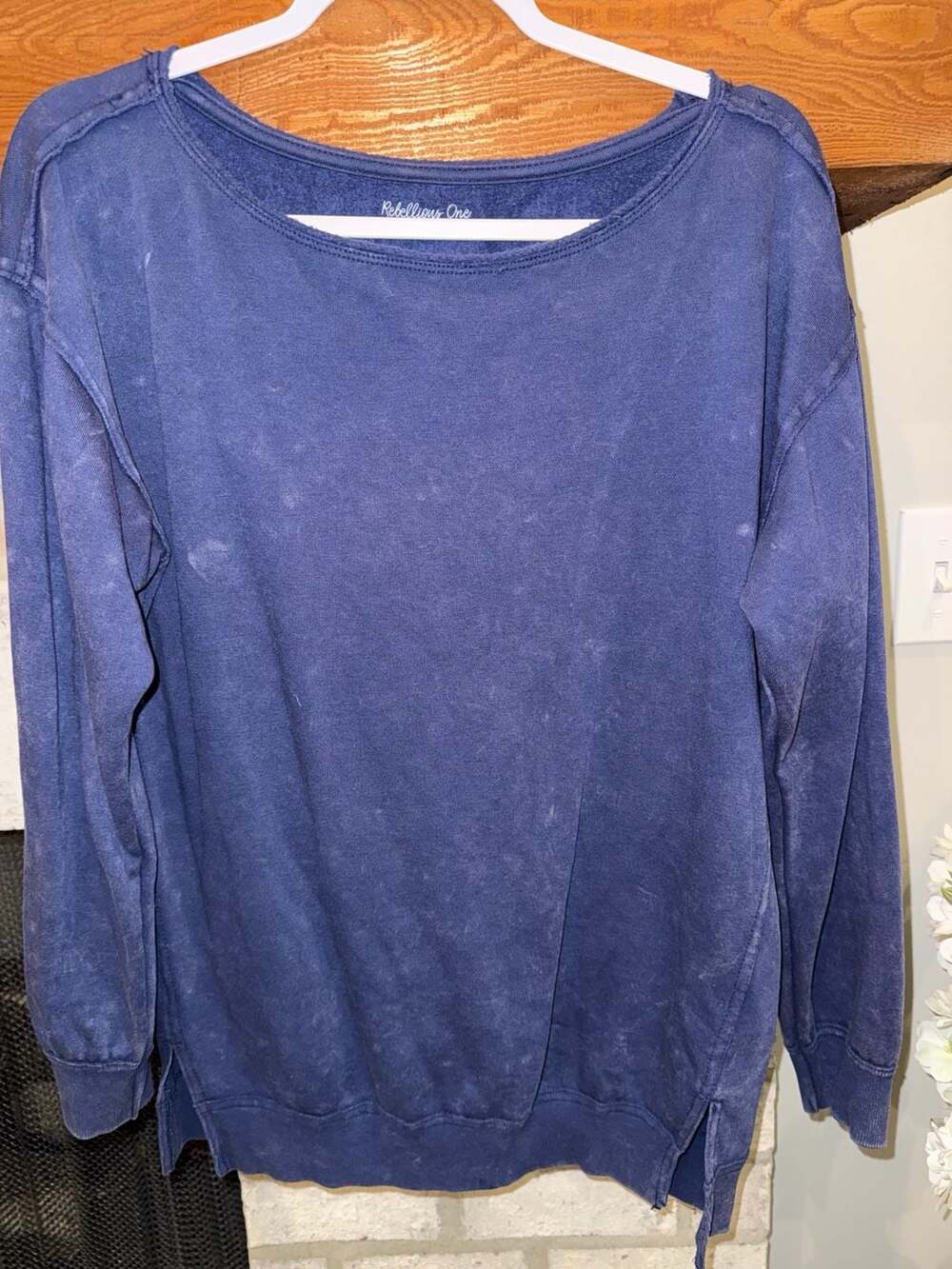 Rebellious One Acid Wash Mineral Wash Crewneck Pullover Sweatshirt Blue Medium